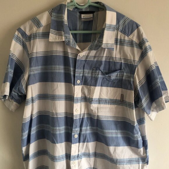 Columbia Sportswear Mens SS Button Down Shirt Blue/White Striped L - Picture 1 of 6